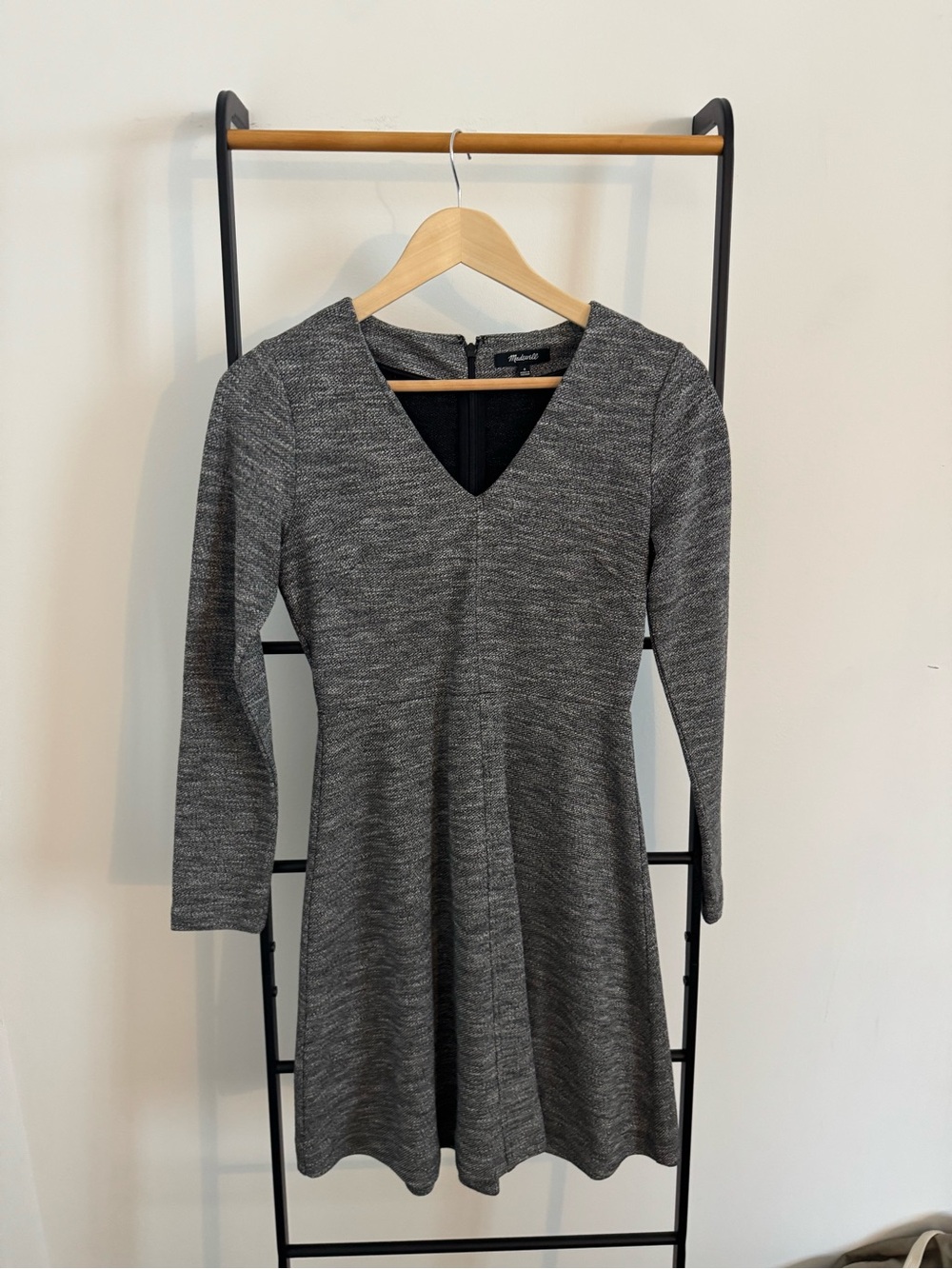 Madewell Charcoal Gray V-Neck Long Sleeve Fit-and-Flare Dress